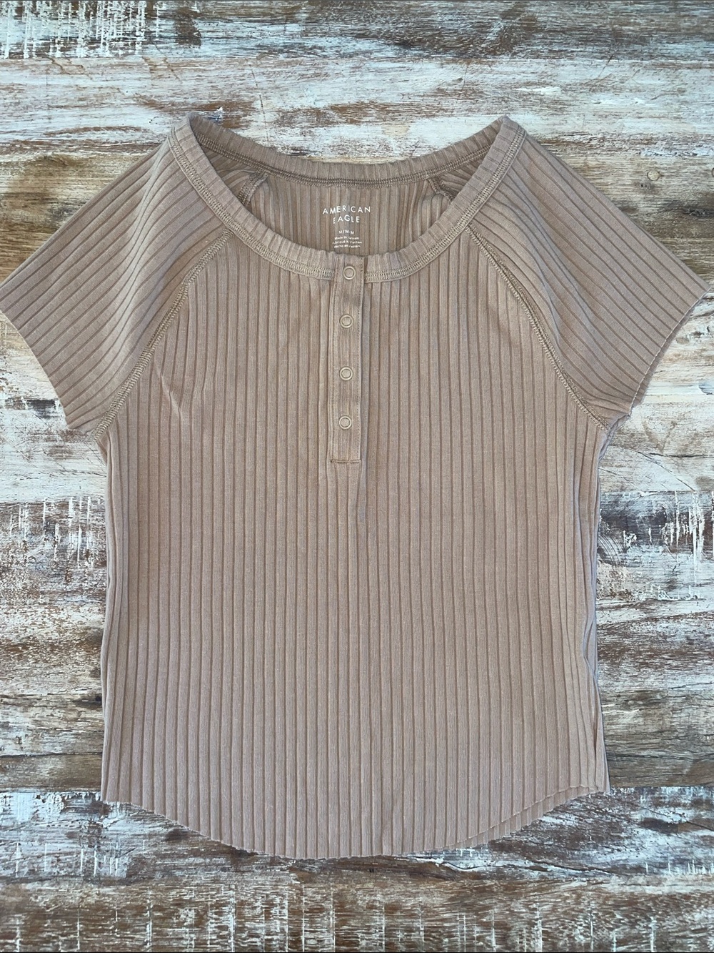 American Eagle Outfitters Short-Sleeve Ribbed Henley Tee - Taupe